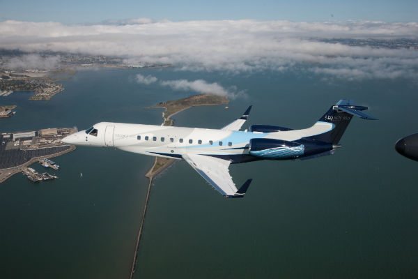 An Embraer Legacy 650 business jet in flight.