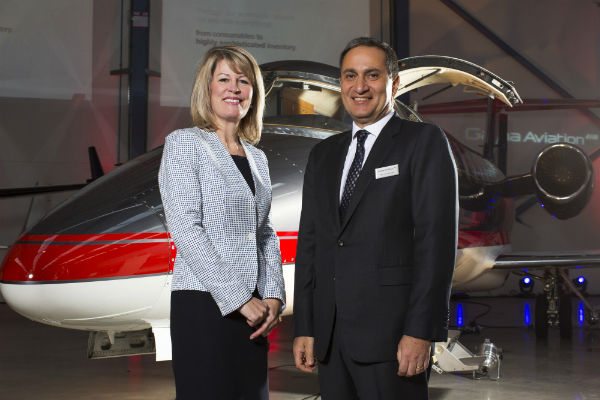Amanda McMillan, Managing Director of Glasgow Airport (left) and Marwan Khalek, Managing Director of Gama Aviation (right) at the inauguration of the new Gama Aviation hangar facility at Glasgow Airport