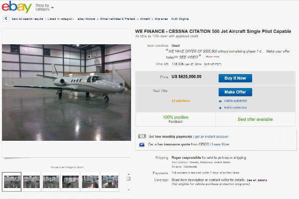 A private jet listed for sale on eBay