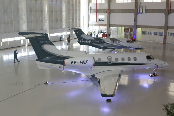 Phenom business jets in hangar at Embraer service centre in Sorocaba