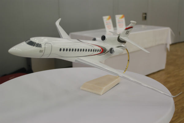 A model of the Dassault Falcon 8X business jet.